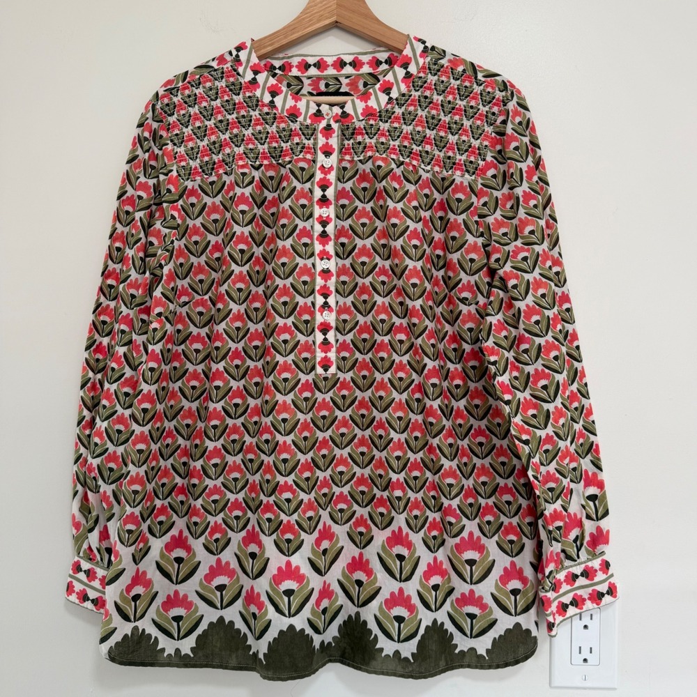 Talbots Floral Smocked Yoke Blouse Womens XL Pink Green Cotton Tunic Top